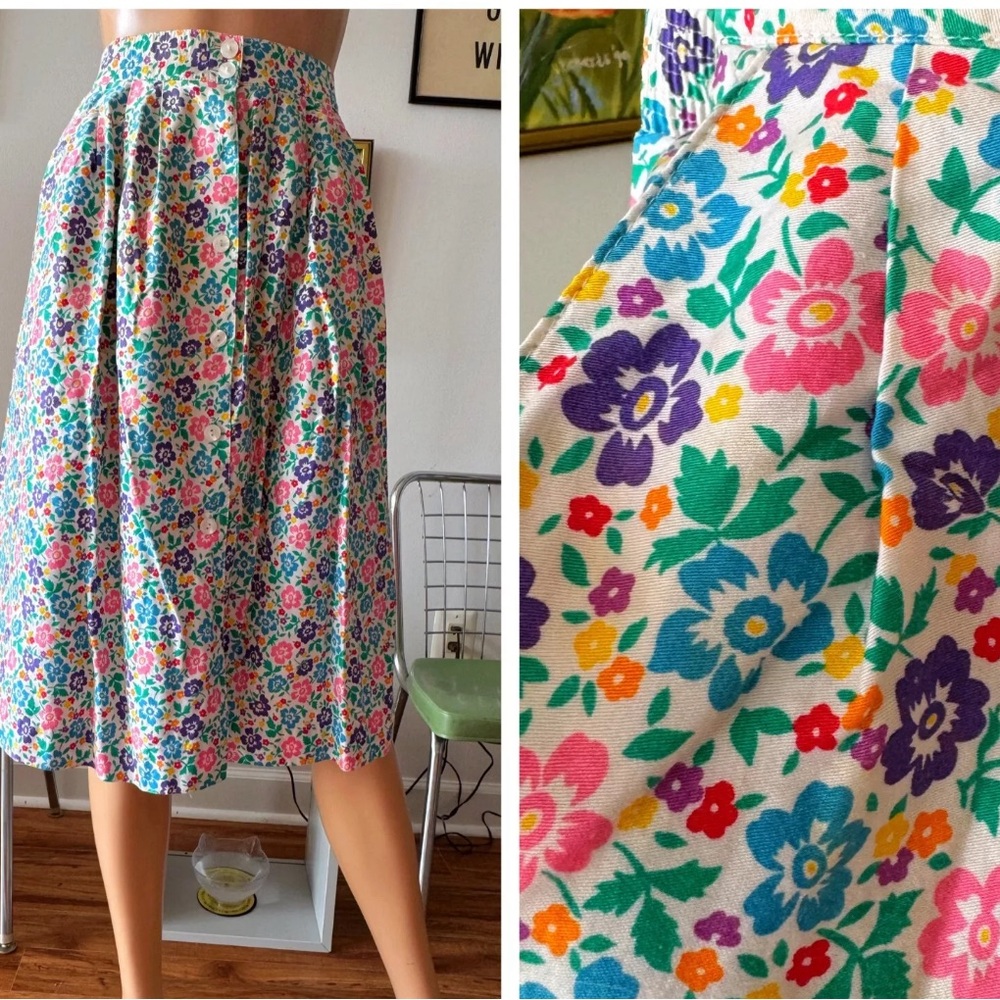 Vintage 1980's Cotton Novelty Rainbow Floral Midi Skirt XL